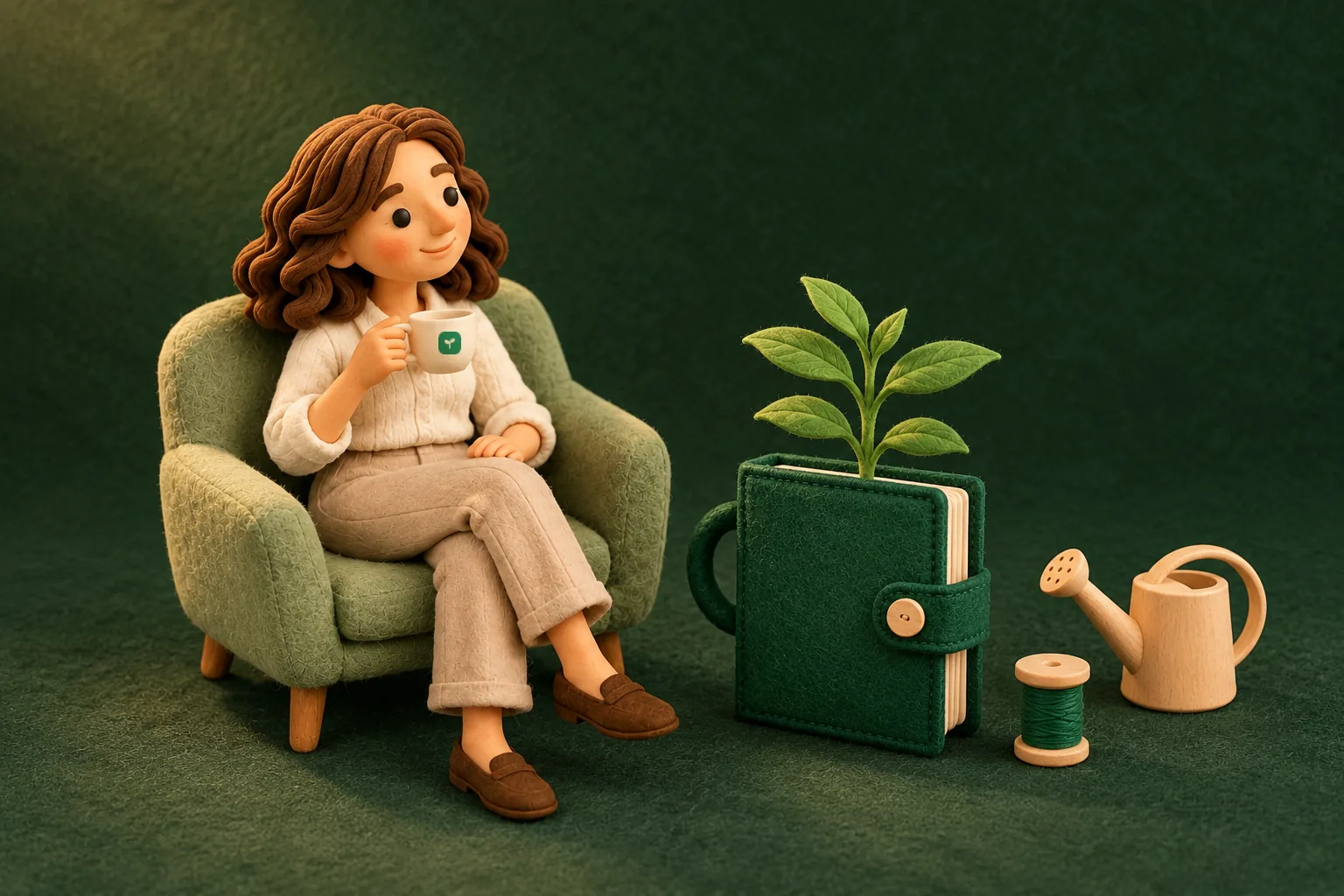 Ilustração em argila: a psicóloga toma chá na poltrona, tranquila, ao lado do fichário verde do Zelo, de onde cresce uma planta; perto, um carretel de linha verde e um regador de madeira.