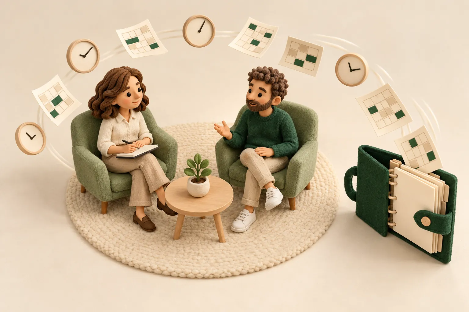 Ilustração em argila: psicóloga e paciente conversam em poltronas verdes enquanto as folhas da agenda e os reloginhos voam para dentro do fichário verde do Zelo.