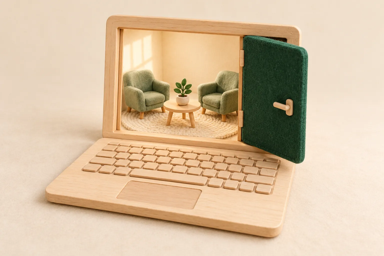 Ilustração em madeira e feltro: um notebook com uma portinha verde aberta na tela, mostrando duas poltronas de consultório.