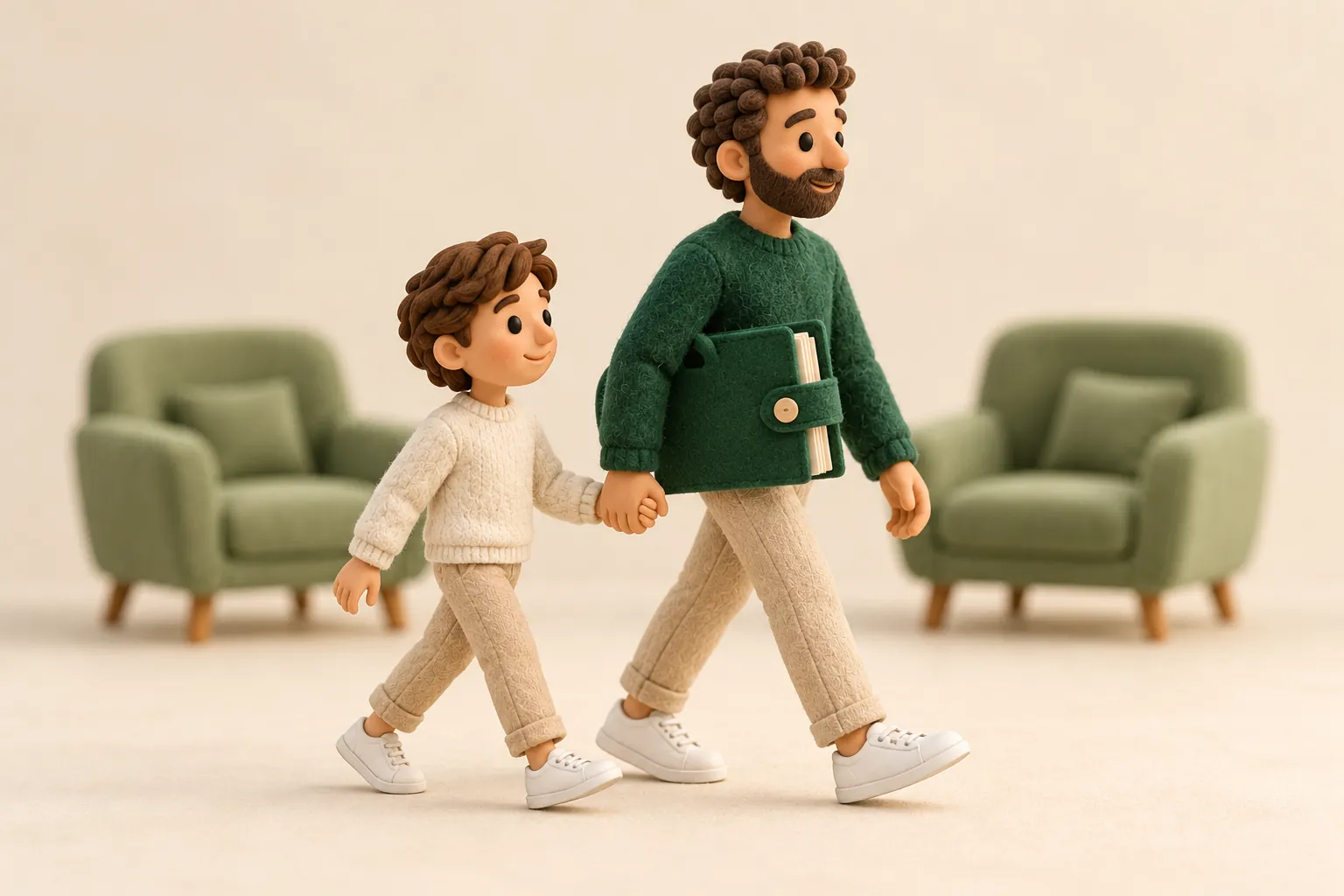 Ilustração em argila: um pai de suéter verde leva o filho pela mão até o consultório, com o fichário verde debaixo do braço.