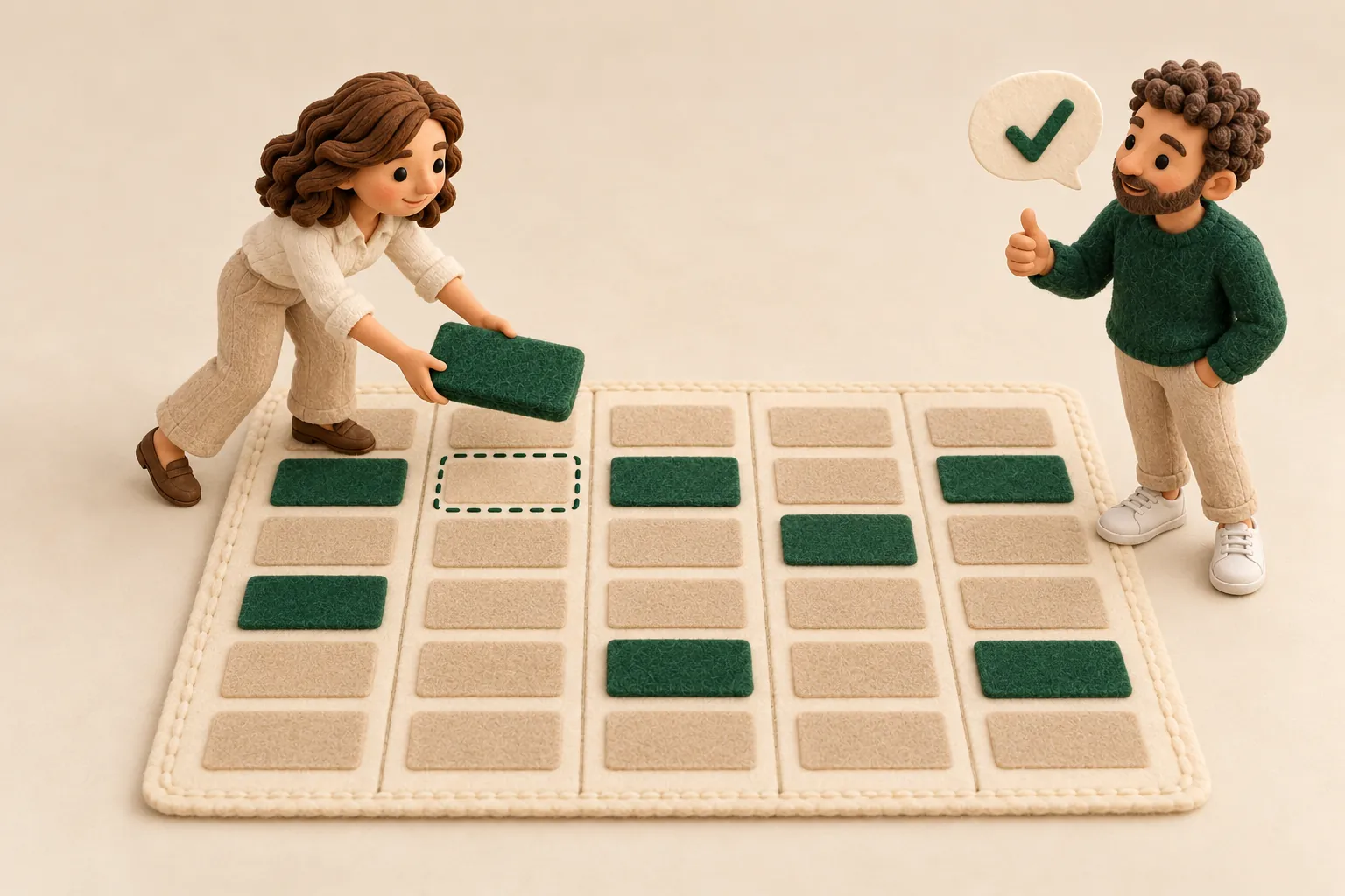 Ilustração em argila: a psicóloga muda uma peça verde de lugar no calendário de feltro e o paciente faz sinal de joia.