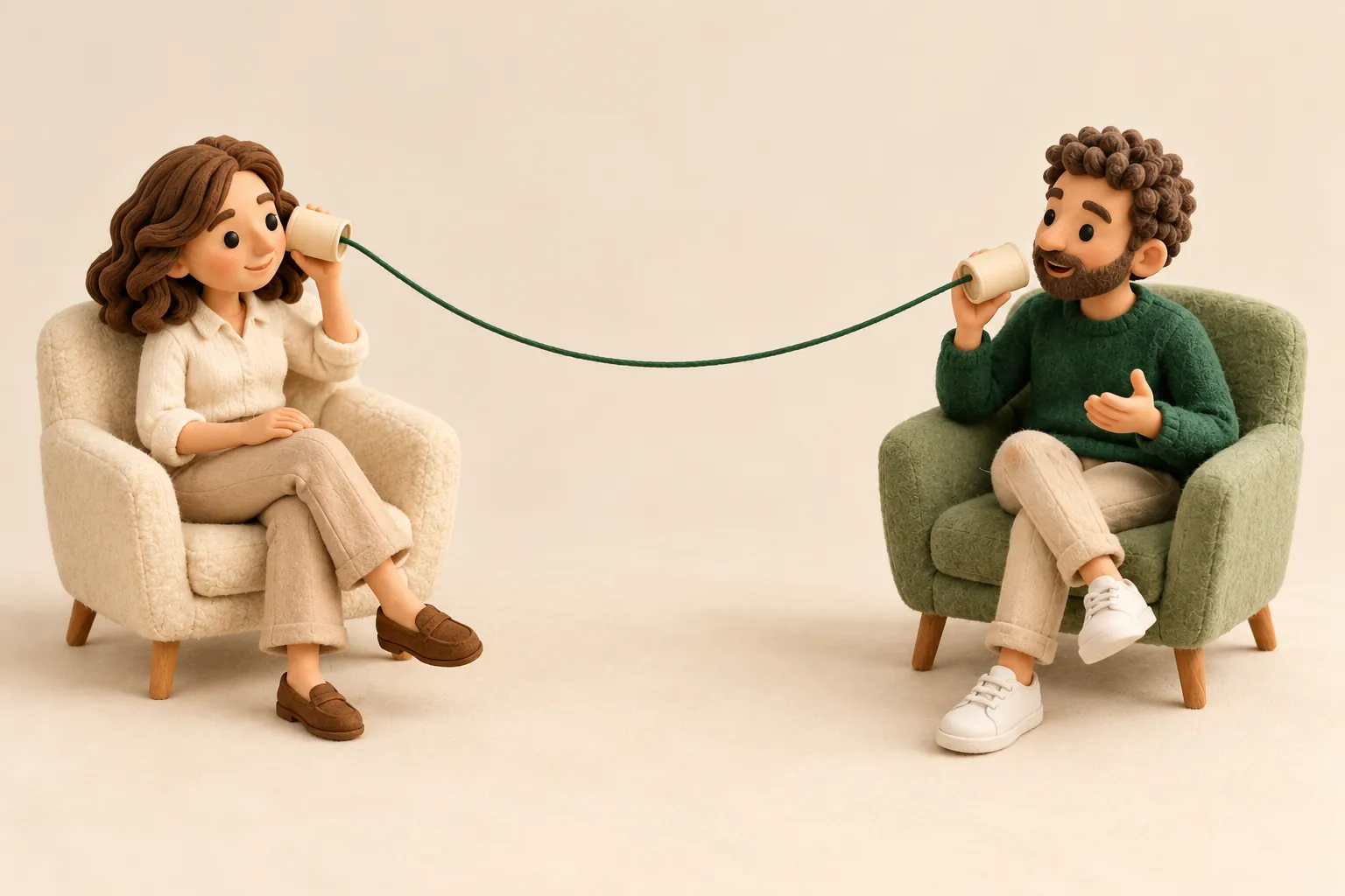 Ilustração em argila: psicóloga e paciente conversam por um telefone de lata ligado por um fio verde; as mensagens andam pelo fio.