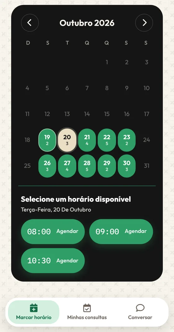 Paciente escolhendo dia e horário para agendar a sessão.