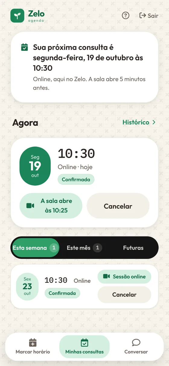 Paciente vendo a próxima consulta e quando a sala abre.